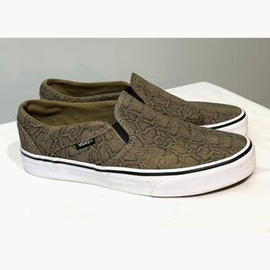 Vans Slip On Snake Print Shoes Womens 8 Olive Green Canvas Sneakers